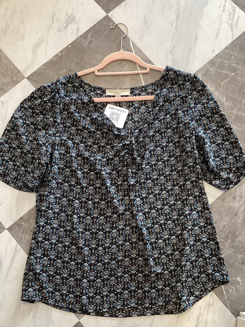 LOFT Black and Blue Short Sleeve Patterned Blouse